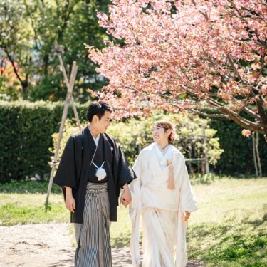 横溝屋敷の庭に咲く濃いピンクの桜の下、手をつないで歩く紋付袴の新郎と白無垢の花嫁の春の和装前撮り