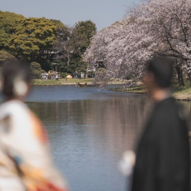 三渓園の池のほとりで満開の桜越しに水面を眺める新郎新婦。桜にピントを合わせた引きの構図の和装前撮り