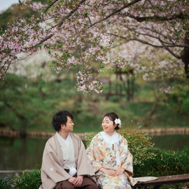 三渓園の池のほとり、満開の桜の下のベンチに座り見つめ合う色打掛の花嫁と羽織袴の新郎の前撮り