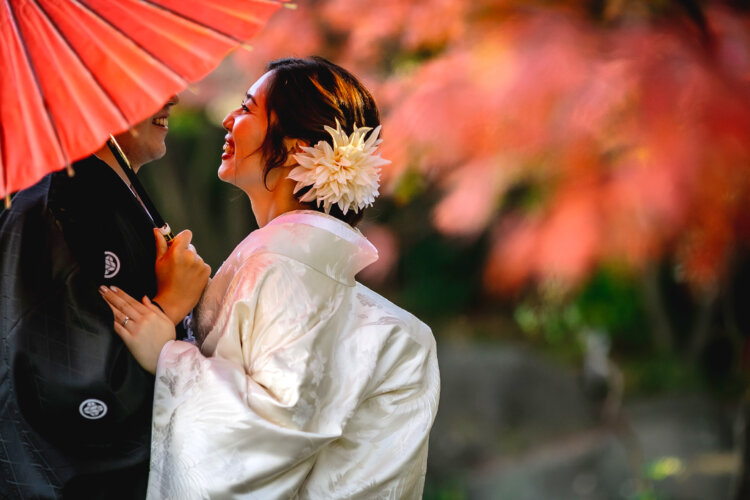 赤い和傘の下で見つめ合う黒紋付の新郎と白無垢の花嫁。紅葉に包まれた秋の和装前撮り